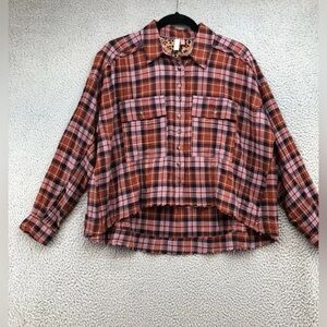 Pilcro Anthropologie Button Up Shirt Womens Pink Combo Plaid Lagenlook Cottage